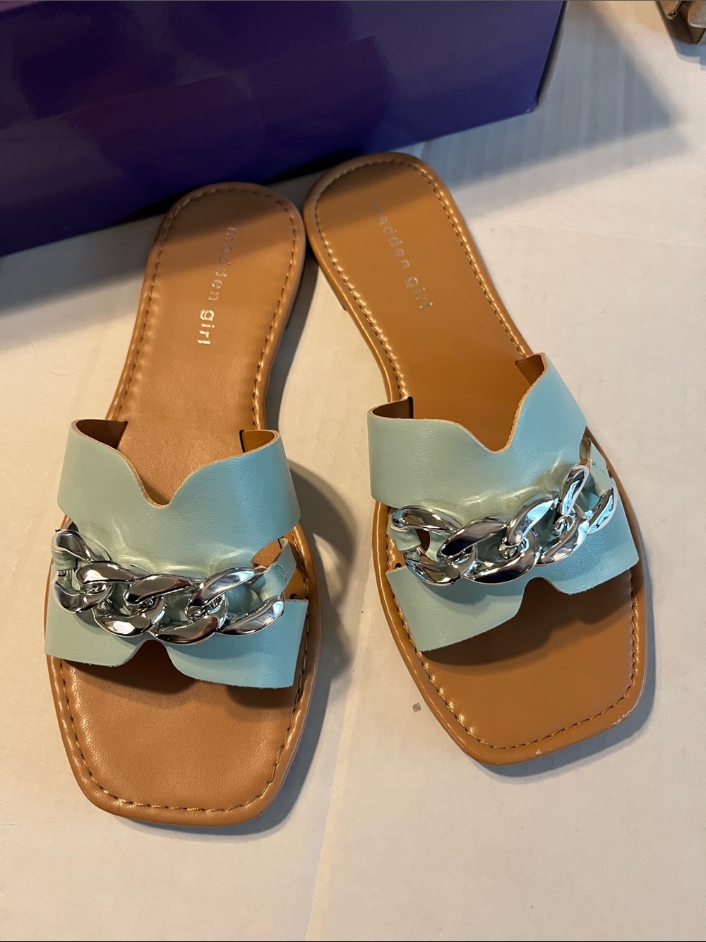 Madden Girl Mint Green Suffolkk Silver Chain-Accent Slide Sandals 7